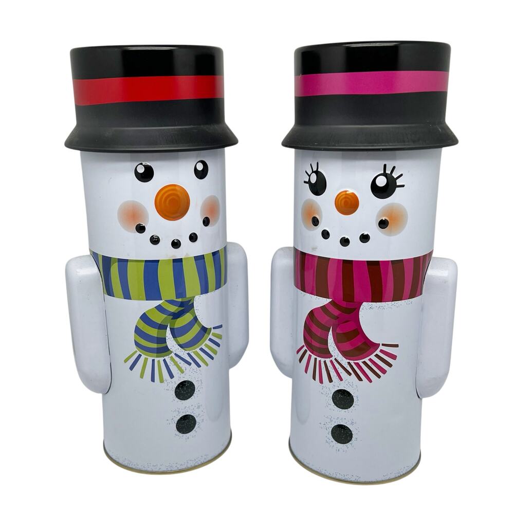 Vintage Set of 2 Snowman Holiday Tins Coin Banks Girl and Boy Decorative
